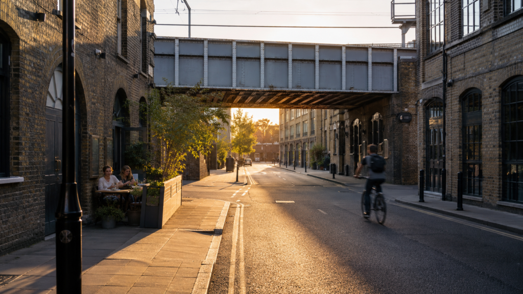 Walking route between Old Street and Shoreditch High Street stations passing under a railway bridge in East London