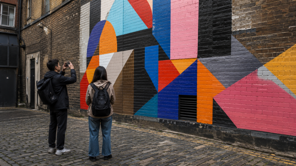 Street corner in Shoreditch East London with a colourful mural, vintage shop and pedestrians near Shoreditch High Street station