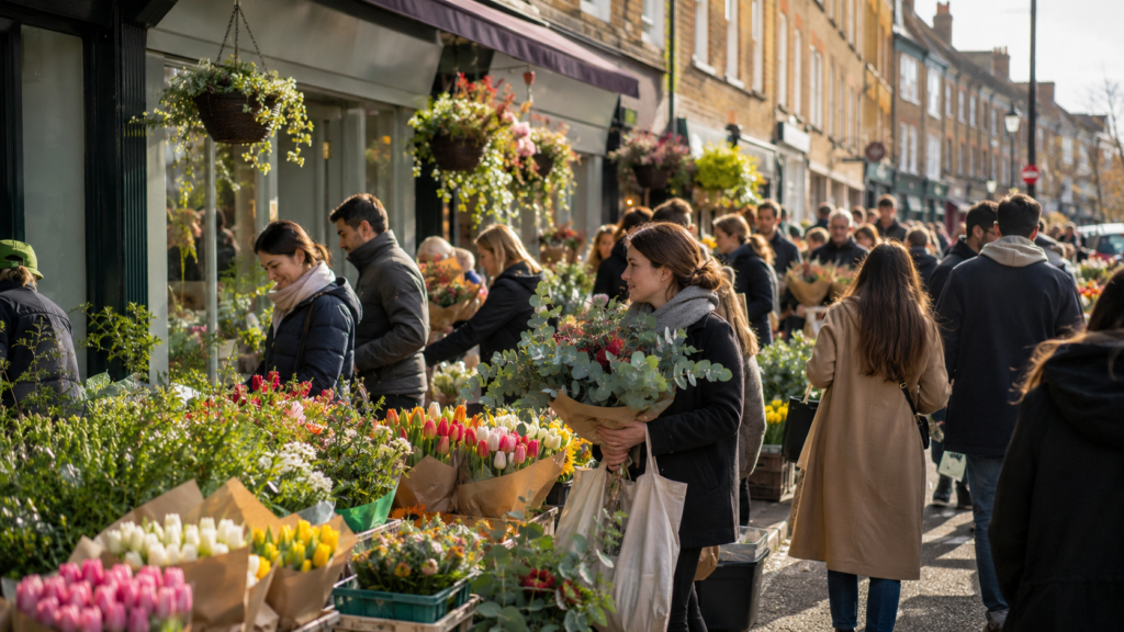 Sunday morning flower stalls and shoppers at Columbia Road Flower Market near Shoreditch