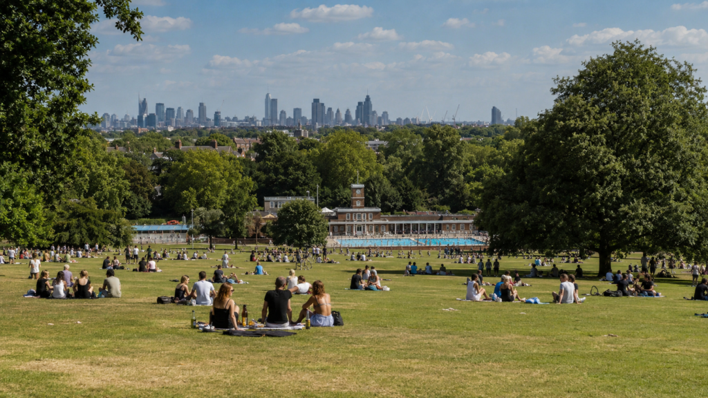 Summer day in Brockwell Park near Brixton with London skyline views