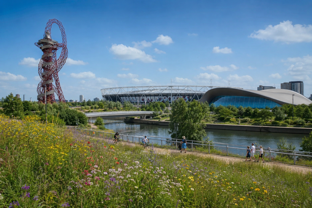 Queen Elizabeth Olympic Park in Stratford with wildflower meadows, the Aquatics Centre and London Stadium