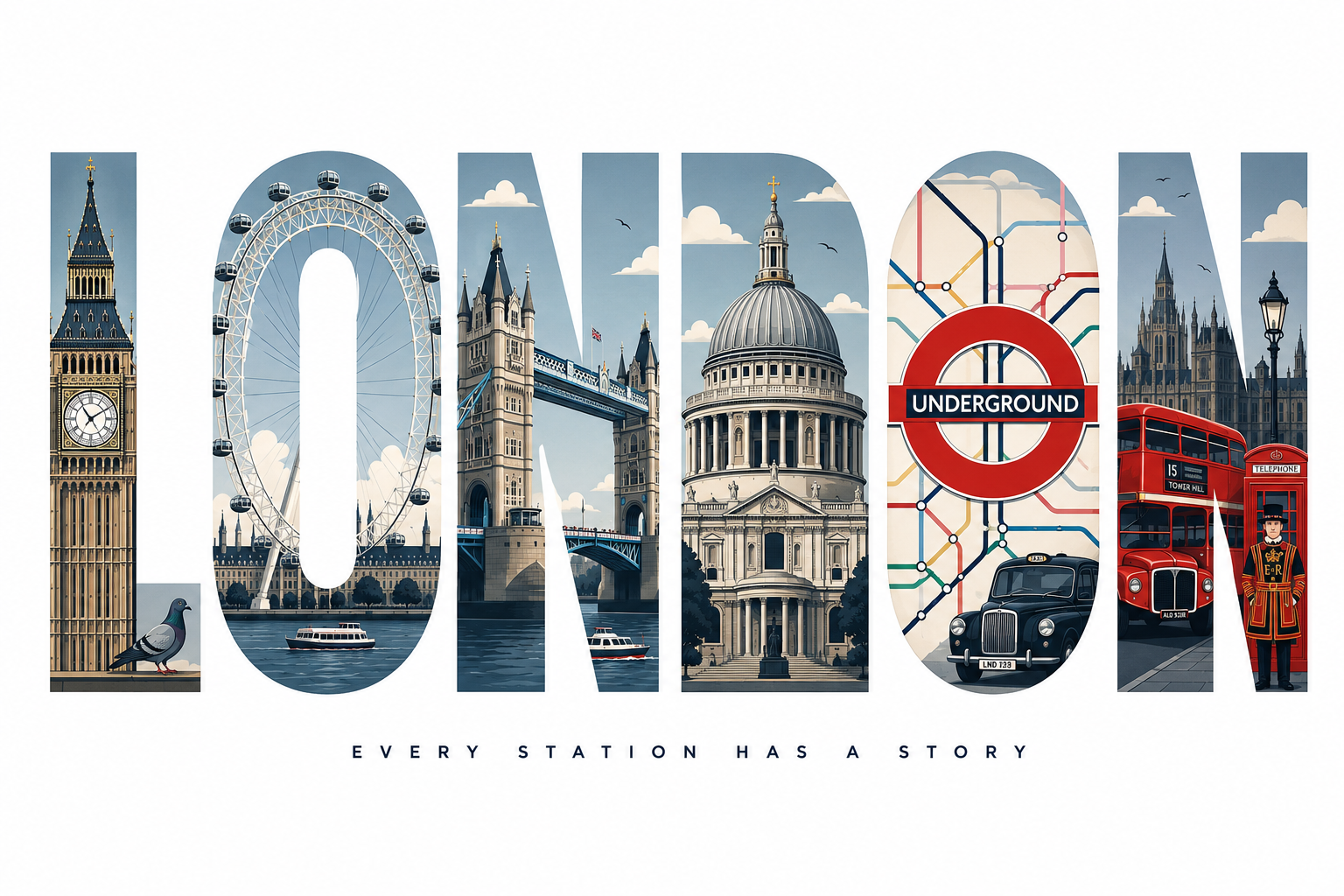 London illustrated as six letters, each filled with a London landmark: Big Ben, the London Eye, Tower Bridge, St Paul's Cathedral, an Underground roundel, and a red bus with a phone box