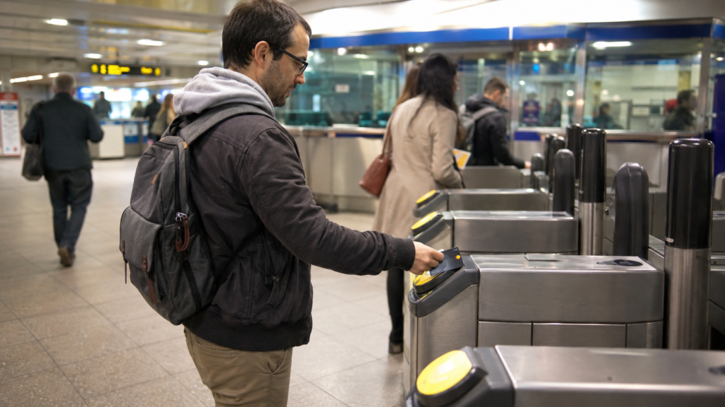Tourist tapping a contactless card on a yellow reader at a London Underground ticket barrier.