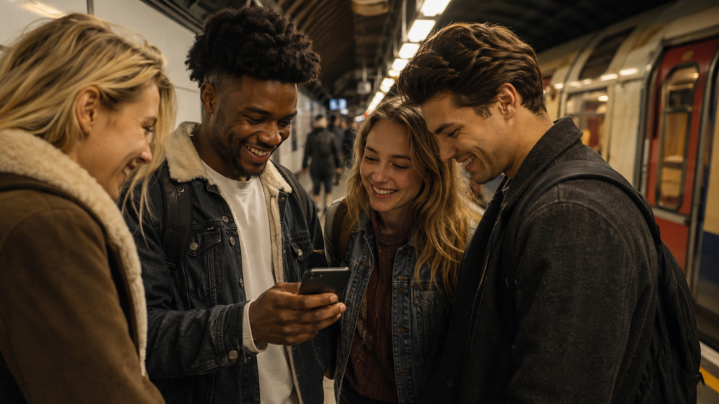Group of friends checking their route together on a London Underground platform.