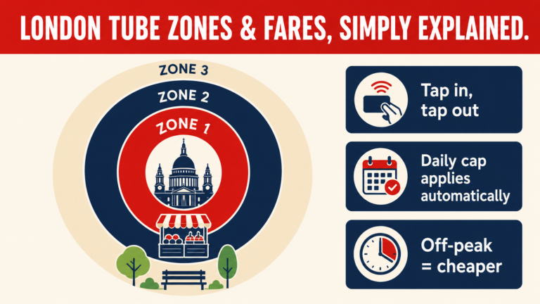 Infographic showing London's Tube zones as concentric rings with tips on tapping in, daily fare caps, and off-peak travel.