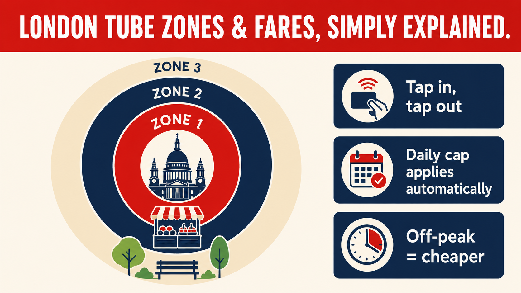 Infographic showing London's Tube zones as concentric rings with tips on tapping in, daily fare caps, and off-peak travel.