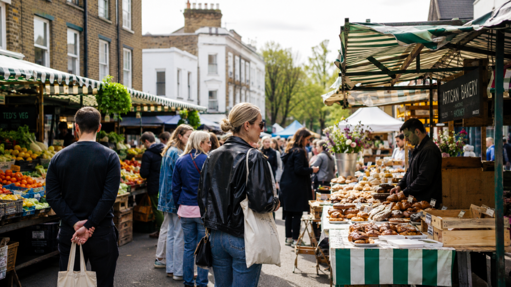 Photorealistic 16:9 image of Broadway Market in East London with striped stalls and Saturday morning shoppers.
