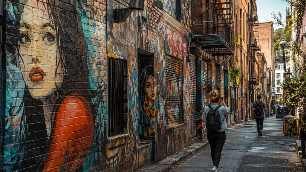 colourful mural-covered backstreet in Shoreditch, East London.