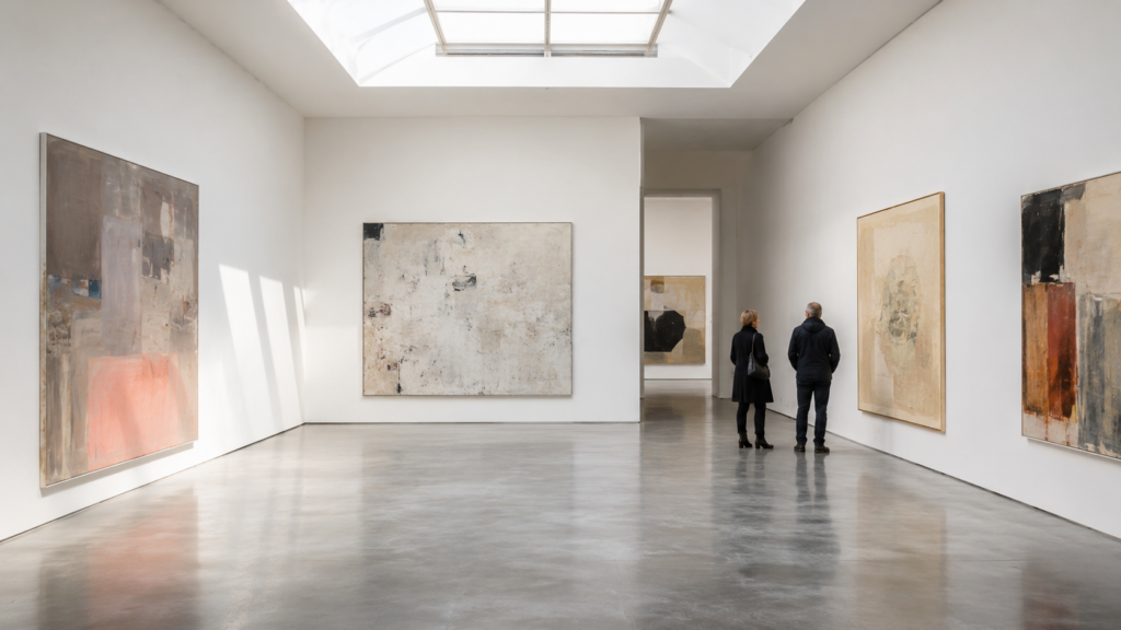 Photorealistic 16:9 image of a bright contemporary art gallery interior with visitors viewing large paintings.