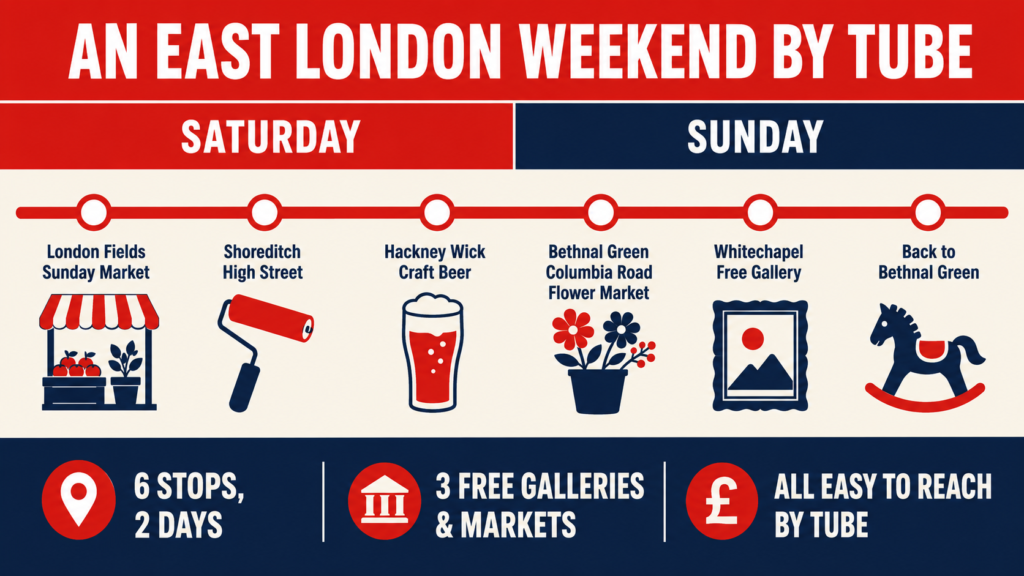 Horizontal infographic mapping a two-day East London Tube itinerary across six stops from Saturday markets to Sunday galleries.