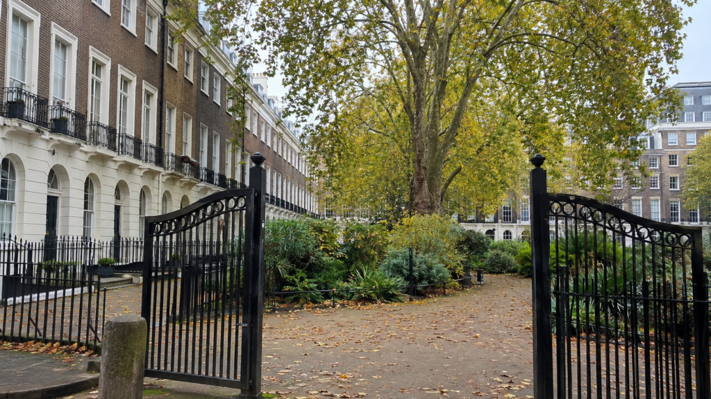A quiet Georgian garden square in Bloomsbury, London, lined with cream townhouses and autumn trees.