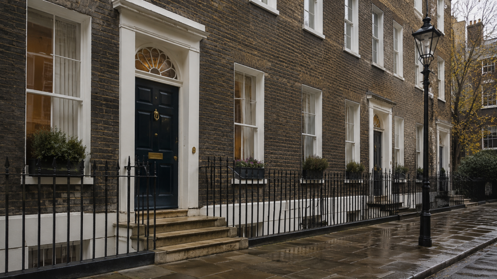 A Georgian terraced townhouse on a quiet Bloomsbury street, evocative of the Charles Dickens Museum on Doughty Street.