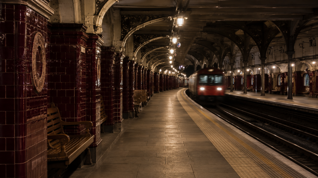 A historic London Underground platform with maroon Victorian tiling, evocative of Baker Street station.