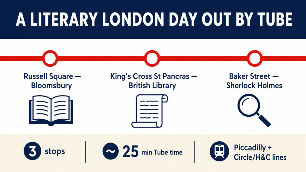 Horizontal infographic showing the three-stop literary London Tube route: Russell Square, King's Cross St Pancras, and Baker Street.