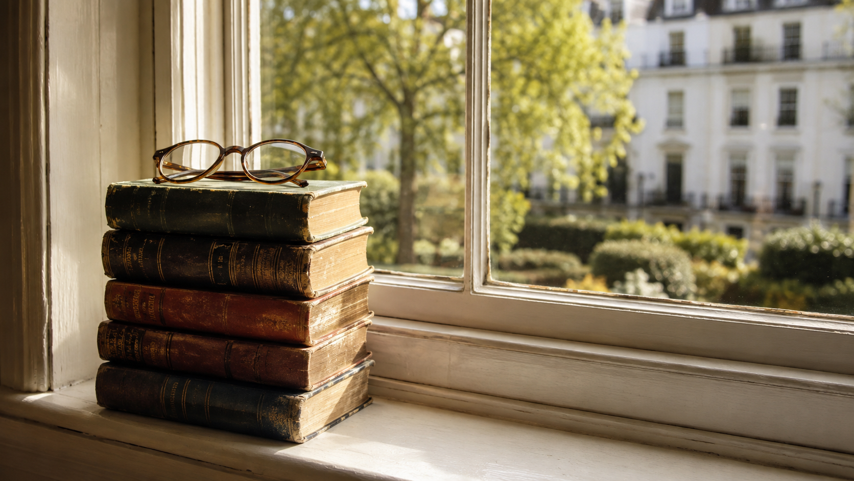 A stack of classic hardback novels on a Georgian windowsill overlooking a Bloomsbury garden square.