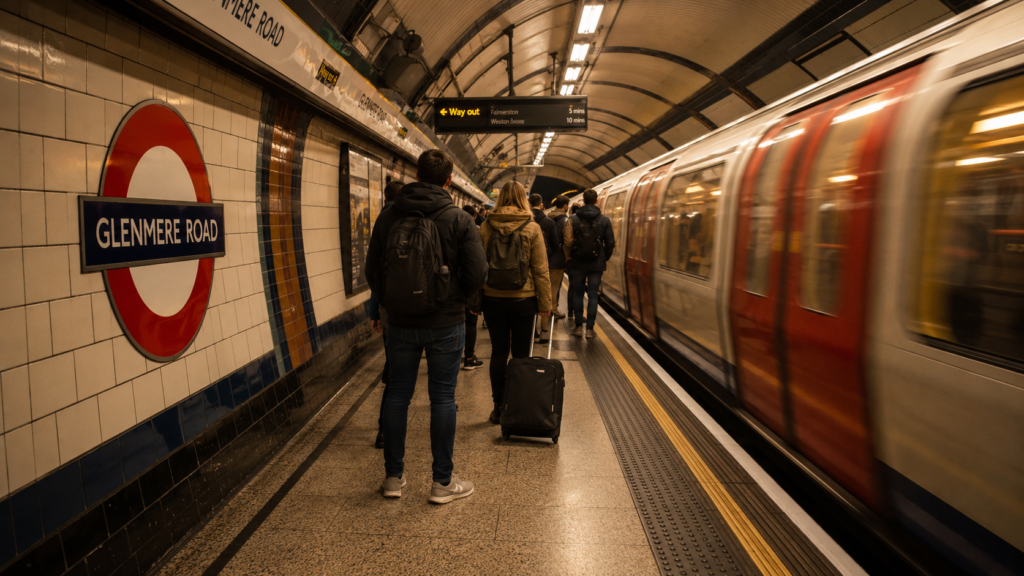 First-time visitors with luggage waiting on a London Underground platform as a Tube train arrives — the starting point of a 3-day London itinerary by Tube.
