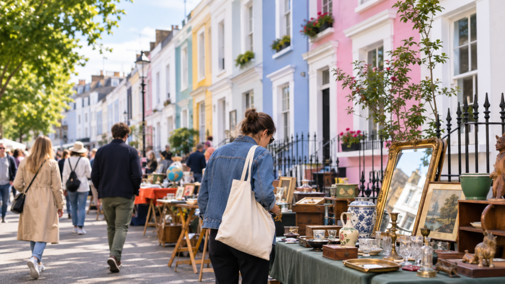 Pastel-coloured houses and antiques stalls on Portobello Road in Notting Hill — the morning stop on Day 2 of the 3-day London Tube itinerary.