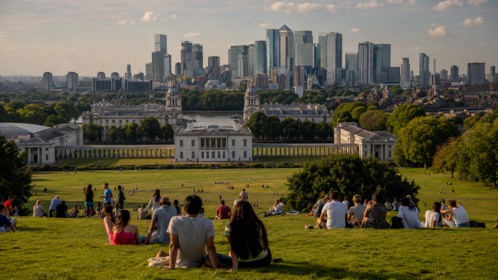 View over the Old Royal Naval College and Canary Wharf skyline from Greenwich Park — the grand finale of Day 3 on the London first-timer itinerary.