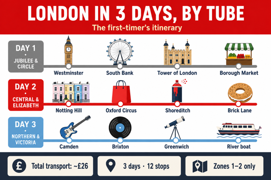 Infographic summarising a 3-day London itinerary by Tube: Day 1 on the Jubilee and Circle lines, Day 2 on the Central and Elizabeth lines, Day 3 on the Northern and Victoria lines, with total transport cost of around £26.