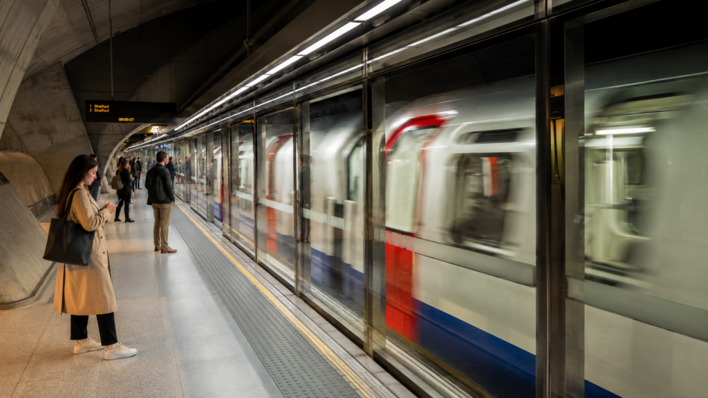 Jubilee line train arriving at a modern London Underground platform with glass screen doors