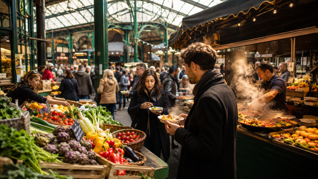 Lunchtime crowds and food stalls under the Victorian iron canopy at Borough Market near London Bridge