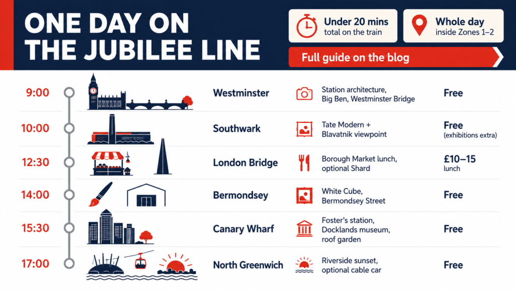 Infographic map of a one-day Jubilee line itinerary from Westminster to North Greenwich with six stops